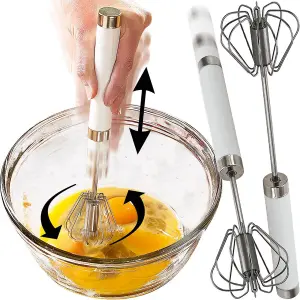 Set of 2 Semi-Automatic Whisk and Whipper Utensils - Lightweight, Fast & Powerful Stainless Steel Push Press Whisking Kitchen Tool