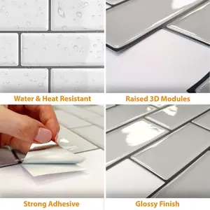 30.5 x 30.5cm 3D Tile Stickers Peel and Stick Backsplash Splashback Decals Tiles for Kitchen - White Metro Glossy - 48 Sheets