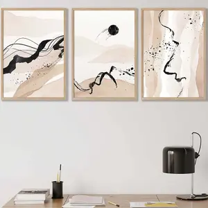 Set of 3 Beige Black Abstract Mountain Contours Wall Art Prints / 42x59cm (A2) / Oak Frame