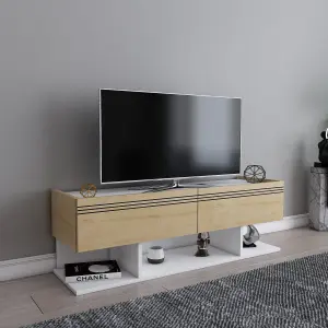 Decorotika Kase TV Stand TV Cabinet TV Unit with Three Shelves and Two Cabinets - White and Oak Pattern