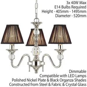 Diana Ceiling Pendant Chandelier Bright Nickel & Black Pleat Shade 3 Lamp Light