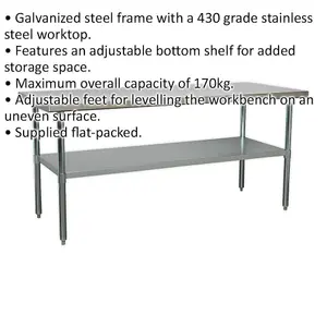 1.8m Stainless Steel Workbench with Adjustable Shelf for Kitchen and Workshop Use