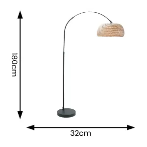 ValueLights Louis Black Arched Curved Floor Lamp with Bamboo Donut Lamp Shade and LED Bulb