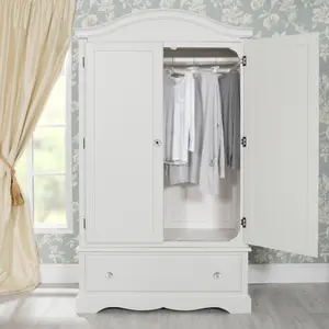 Romance Double Wardrobe With Drawer and Crystal Handles - Antique White