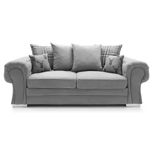 Milan Fabric 3 Seater Sofa Grey Fabric Scatter Back Chesterfield Style