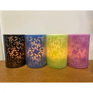 Flower Design Real Wax LED Candle - Battery Powered Handcrafted Faux Flameless Floral Pillar Candlelight - H15 x 10cm, Purple