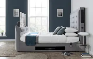 Titan TV Bed Frame with Speakers Light Grey Linen Fabric