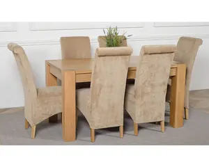 Kuba 150 x 85 cm Chunky Medium Oak Dining Table and 6 Chairs Dining Set with Montana Beige Fabric Chairs