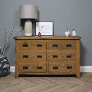 Elm Home And Garden Wide 6 drawer Chest Of Rustic Oak Drawers 78cm High x 128cm Wide x 40cm Deep