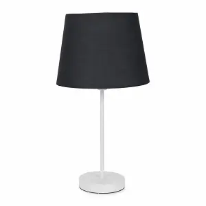 ValueLights Charles White Single Stem Table Lamp with Black Tapered Lamp Shade and LED Bulb