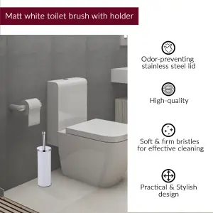 Innoteck Essentials Bathroom Toilet Brush and Holder with Matt Finish and Stainless Steel Handle - WHITE.