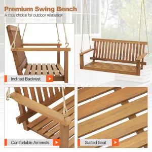 Costway Acacia Wood Porch Swing 2-Person Outdoor Patio Hanging Chair w/ Backrest