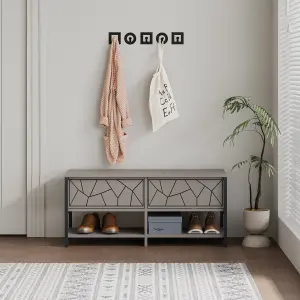 Decortie Modern Inola Shoe Bench Mocha Grey Engineered Wood Geometric Laser-Cut Shape 2-Door Cupboard 105(W)cm Metal Legs Hallway