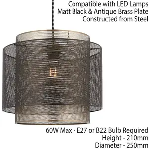 Hanging Ceiling Pendant Light 250mm Matt Black & Antique Brass Metal Mesh Shade