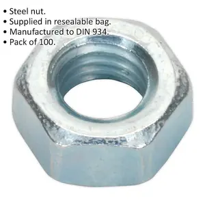 100 Pack of M5 Steel Hex Nuts - 0.8mm Pitch - DIN 934 Compliant Fasteners