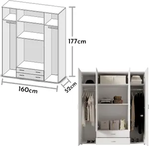 Elegant Stella Trading BASE Hinged Door Wardrobe W1600mm H1770mm D520mm - White Matt, Spacious Storage, Classic Design