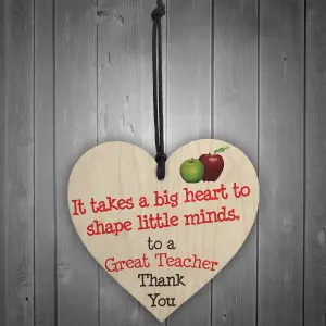 Red Ocean Great Teacher Big Heart Wooden Hanging Heart Thank You Plaque