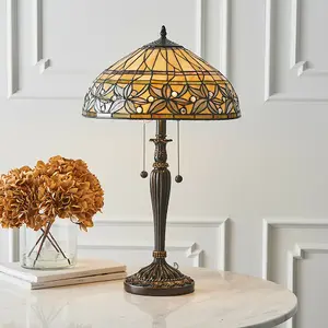 Floral Tiffany Glass Table Lamp - Mottled Glass & Dark Bronze Finish - LED Lamp