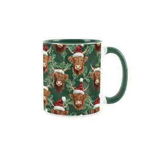 Christmas Highland Cow & Holly Green Ceramic Mug - Tea/Coffee Novelty Xmas Gift