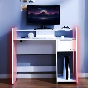 X-Rocker Electra RGB Gaming Desk 110cm Wide PC Computer Table Drawer Shelf App Controlled LED Lights & Wireless Charging - WHITE