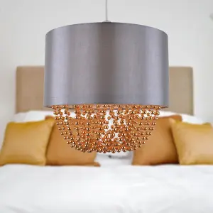 First Choice Lighting Set of 2 Grey Faux Silk & Copper Jewelled Ceiling Light Shades