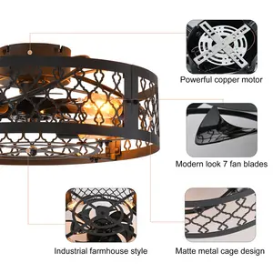 50cm Farmhouse Reversible Caged Ceiling Fan with Light Kit and Remote Black