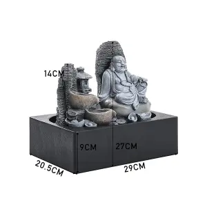 Grey Resin Electric Tabletop Happy Sitting Buddha Fountain with LED Light