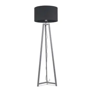 ValueLights Lottie Grey Wood Tripod Floor Lamp with Charcoal Grey Drum Shade