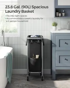 SONGMICS Single Laundry Basket on Wheels, Laundry Hamper, Removable Liner, Large Linen Storage, Ink Black