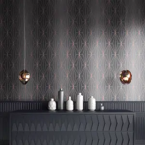 Muriva Charcoal & Rose Gold Geometric Metallic effect Embossed Wallpaper