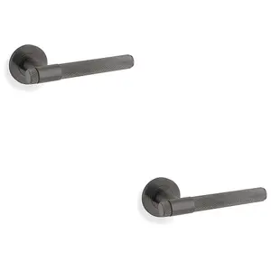 2 PACK - SOLID BRASS Knurled Door Handle Set - Dark Bronze Bar Lever on Round Rose