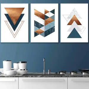 Set of 3 Mid Century Teal Orange Abstract Geometric Wall Art Prints / 42x59cm (A2) / White Frame