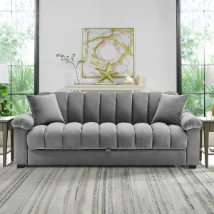 Grey 3 Seat Sofa Bed Velvet Upholstered Couch Sofabed Convertible Sleeper