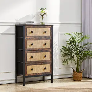 Chest of Drawers Rustic Rattan Storage Cabinet with 4 Drawers