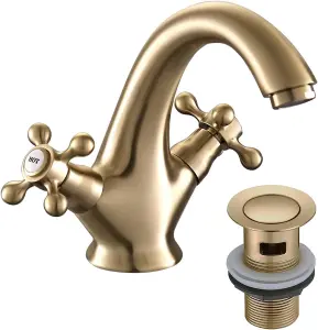 Victoria Golden Bathroom Sink Tap for Basin with Pop Up Sink Plug Swan Neck Bathroom Tap Mixer Traditional