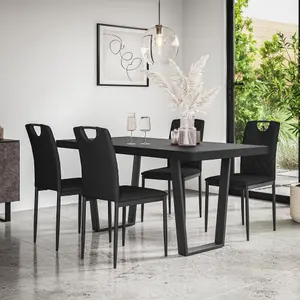 Aria Dining Table And Chairs -  Black Table Top w Black Legs + Monza Faux Leather Dining Chair Set Of 6 (Black)