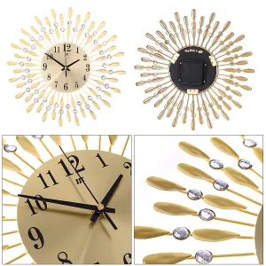 Gold Wall Clocks Silent Large Crystal Drop Shape Battery Operated for Kitchen Dia 37.5cm