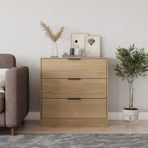 URBNLIVING Width 80cm Oak Colour Chest of 3 Drawers Modern Compact Storage Bedside Metal Handle Cabinet Bedroom Furniture