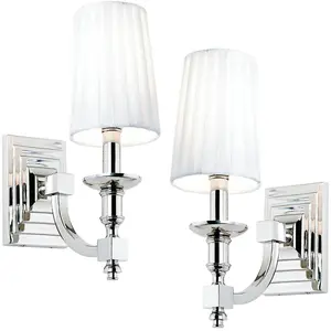 2 PACK Modern Dimmable Wall Light Nickel & White Pleated Shade Bedside Lamp Kit