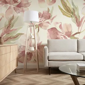 In Bloom Mural In Watercolour Peach And Green (300cm x 240cm)