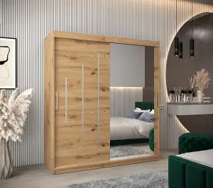 Rustic Oak Artisan York II Sliding Door Wardrobe W1800mm H2000mm D620mm - Mirrored Storage with Silver Handles