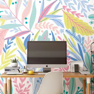 Origin Murals Tropical Patterned Leaves Pastel Matt Smooth Paste the Wall Mural 350cm wide x 280cm high