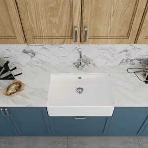 795mm - Single Bowl Fireclay Butler Kitchen Sink with Overflow -  Mixer Tap, Overflow & Waste