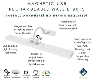 CGC VIRGO Curved White LED Rechargeable Magnetic USB Over Picture Wall Light