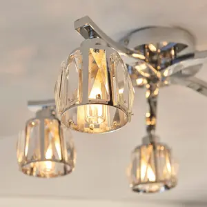 Luminosa Ria Bathroom Multi Arm Glass Semi Flush Ceiling Lamp, Chrome Plate, Crystal Glass, IP44