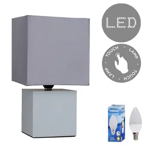 ValueLights Cubbie Grey Cube Design Touch Dimmer Bedside Table Lamp with Grey Fabric Light Shade and LED Candle Bulb In Warm White