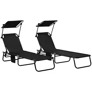 Outsunny 2 Piece Folding Sun Loungers with Adjustable Backrest, Sunshade, Black