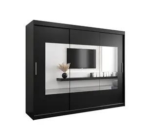 Torino Spacious Mirrored Sliding Door Wardrobe with Hanging Rails And Shelves -Black Matt (H)2000mm  (W)2500mm x (D)620mm)