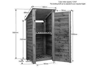 Wooden log store (roof sloping back) with door and kindling shelf W-99cm, H-180cm, D-88cm - natural (light green) finish