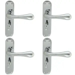 4 PACK - Rounded Flaired Bathroom Latch Door Handle - Polished Chrome Lever on Backplate